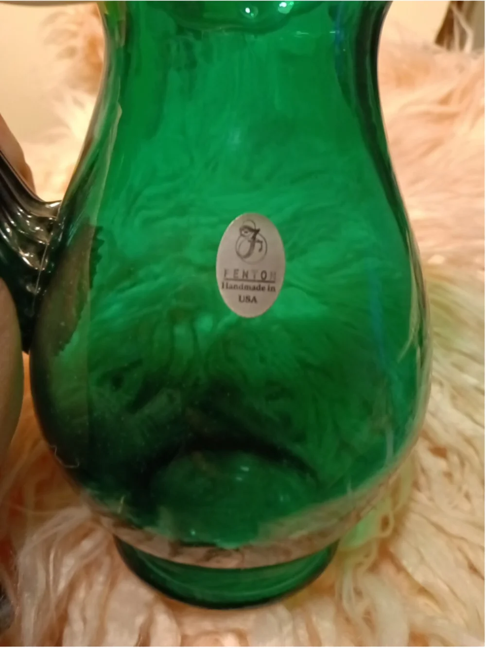 Fenton Emerald Green Snow Crest Glass Reed Handled Ruffle Pitcher handmade USA